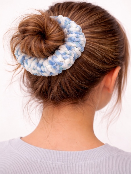Hand Crafted Accessories - 🧩 Blue and White Crochet Scrunchies - Set of 2